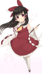 Rule 34 | 1girl, ascot, bad id, bad pixiv id, black hair, bow, detached sleeves, female focus, foreshortening, from above, gohei, hair bow, hair tubes, hakurei reimu, ika, japanese clothes, light particles, long hair, miko, perspective, red eyes, sandals, shide, simple background, skirt, solo, standing, thighhighs, touhou, white thighhighs, zettai ryouiki