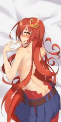 Rule 34 | 1girl, absurdres, back, bed sheet, belt, blue skirt, blush, breasts, commission, dakimakura (medium), from behind, hair ornament, hairclip, heart, heart hands, highres, lamia, large breasts, long hair, looking at viewer, looking back, miia (monster musume), monster girl, monster musume no iru nichijou, pixiv commission, pleated skirt, pointy ears, red hair, skirt, slit pupils, solo, thomas (aoakumasan), topless, upper body