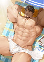Rule 34 | 1boy, abs, armpit hair, armpits, artist name, bara, black hair, day, eyewear on head, gomtang, large pectorals, lying, male focus, male pubic hair, muscular, muscular male, naked towel, navel, nipples, nude, on back, one eye closed, original, outdoors, pectorals, pubic hair, short hair, smile, solo, sunglasses, towel