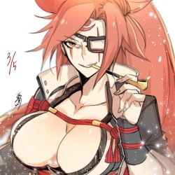 Rule 34 | 1girl, amputee, bad id, bad twitter id, baiken, big hair, black jacket, breasts, cleavage, commentary, eyepatch, facial tattoo, grin, guilty gear, guilty gear xrd, happy birthday, highres, jacket, jacket on shoulders, japanese clothes, kataginu, katana, kimono, large breasts, long hair, looking at viewer, multicolored clothes, multicolored kimono, one-eyed, open clothes, open kimono, pink hair, smoking pipe, ponytail, red eyes, roas01b, samurai, scar, scar across eye, scar on face, smile, sword, tattoo, weapon