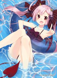 Rule 34 | 10s, 1girl, ahoge, alternate costume, ange vierge, bad id, bad pixiv id, blush, bow, demon horns, demon tail, demon wings, fang, frills, hair bow, hair ornament, highres, horns, huge ahoge, innertube, legs, open mouth, pink hair, pointing, red eyes, sakuragi ren, solo, sophina, submerged, swim ring, swimsuit, tail, teardrop, twintails, water, wings