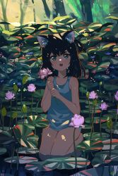 Rule 34 | 1girl, absurdres, animal ear fluff, animal ears, artist name, bare arms, bare shoulders, black hair, blue shirt, blush, cat ears, collarbone, commentary, dappled sunlight, day, english commentary, engrish commentary, fang, flower, green eyes, highres, holding, holding flower, kgt (pixiv12957613), lily pad, looking up, medium hair, nature, on ground, open mouth, original, outdoors, partially submerged, plant, seiza, shirt, sitting, sleeveless, solo, sunlight, tank top, water, water lily flower, wetland