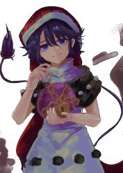 Rule 34 | 1girl, absurdres, black capelet, blue eyes, blue hair, capelet, chain, commentary, cowboy shot, doremy sweet, dream soul, dress, hands up, hat, head tilt, highres, holding, lock, looking at viewer, nightcap, parted lips, pom pom (clothes), red hat, short hair, simple background, smile, solo, tail, tapir tail, totopepe888, touhou, white background, white dress