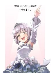 Rule 34 | 1girl, :d, arm up, armpits, blue skirt, blush, bow, breasts, brown eyes, commentary request, detached sleeves, flower, grey hair, hair flaps, hair intakes, highres, idolmaster, idolmaster cinderella girls, index finger raised, koshimizu sachiko, open mouth, pink background, pink flower, pink rose, pleated skirt, rose, shirt, skirt, small breasts, smile, solo, tiara, translation request, white bow, white shirt, white sleeves, yukie (kusaka shi)