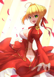 Rule 34 | 10s, 1girl, :d, ahoge, blonde hair, breasts, butt crack, cleavage, epaulettes, fate/extra, fate (series), green eyes, hair intakes, hair ribbon, highres, jirofly, long sleeves, looking at viewer, medium breasts, nero claudius (fate), nero claudius (fate) (all), nero claudius (fate/extra), open mouth, petals, pixiv fate/grand order contest 2, red ribbon, ribbon, short hair, sideboob, smile, solo