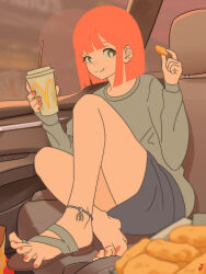 Rule 34 | 1girl, absurdres, barefoot, barefoot sandals (jewelry), car, chicken (food), chicken nuggets, drink, feet, food, hands up, highres, looking at viewer, mcdonald&#039;s, mohoshadream, mother (yoru mac), motor vehicle, nail polish, orange hair, reflection, sandals, shoes, single shoe, sitting, skirt, smile, sweater, toenail polish, toenails, toes, yoru mac