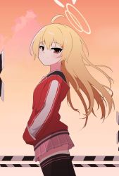 Rule 34 | alternate hairstyle, blonde hair, blue archive, brown eyes, cloud, evening, from side, gradient sky, hagoonha, hair down, halo, highres, jacket, long hair, looking at viewer, miniskirt, orange sky, outdoors, red jacket, skirt, sky, thighhighs, track jacket, yoshimi (blue archive)