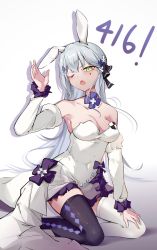 Rule 34 | 1girl, absurdres, animal ears, bare shoulders, black ribbon, blue hair, blush, breasts, character name, cleavage, collarbone, dress, fake animal ears, flower, flower necklace, girls&#039; frontline, green eyes, hair ribbon, hand on own knee, hand up, highres, hk416 (girls&#039; frontline), hk416 (herbal-flavored hard candy) (girls&#039; frontline), jewelry, long hair, looking at viewer, medium breasts, multicolored clothes, multicolored legwear, necklace, official alternate costume, one eye closed, open mouth, priest77, ribbon, seiza, sitting, solo, thighhighs, white background, white dress