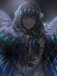 Rule 34 | 1boy, arthropod limbs, bishounen, black cloak, blank stare, cloak, clothes grab, collared shirt, diamond hairband, dragonfly wings, expressionless, fate/grand order, fate (series), fur-trimmed cloak, fur trim, highres, looking at viewer, male focus, medium hair, miroku (butuzo33), oberon (third ascension) (fate), official alternate hair color, shirt, solo, spoilers, upper body