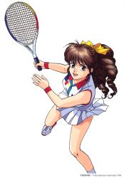 Rule 34 | 1996, 1girl, black eyes, brown hair, copyright name, copyright notice, dated, drill hair, highres, long hair, looking at viewer, open mouth, pc engine fan, pleated skirt, ponytail, shoes, simple background, skirt, sleeveless, sneakers, solo, takada akemi, white background, white skirt, wristband