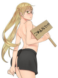 Rule 34 | 1girl, apron, ass, axis powers hetalia, back, blonde hair, blush, from behind, genderswap, genderswap (mtf), green eyes, holding, holding sign, long hair, pochi (popcooooorn), sign, simple background, solo, topless, twintails, united kingdom (hetalia), waist apron, white background