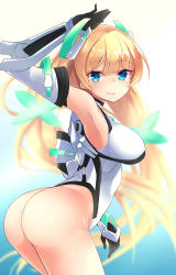 Rule 34 | 1girl, angela balzac, arched back, armpits, artist request, ass, bare shoulders, blonde hair, blue eyes, blush, breasts, gloves, halterneck, headgear, highres, leotard, long hair, looking at viewer, low twintails, neon trim, rakuen tsuihou, shiny skin, sideboob, smile, solo, thighs, thong leotard, twintails, very long hair