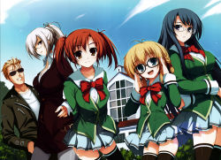 Rule 34 | 1boy, 4girls, absurdres, arms behind back, blazer, blonde hair, blue eyes, blue hair, bow, bowtie, braid, brown eyes, brown hair, collarbone, crossed arms, day, glasses, highres, huge filesize, jacket, long hair, looking at viewer, multiple girls, one eye closed, open clothes, open jacket, outdoors, pantyhose, pencil skirt, pleated skirt, purple eyes, school uniform, short hair, silver hair, skirt, sky, smile, sunglasses, thighhighs, tomose shunsaku, twintails, zettai ryouiki