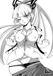 Rule 34 | blunt bangs, blush, breasts, cleavage, clenched hands, covered erect nipples, dress shirt, fujiwara no mokou, greyscale, groin, highres, himajin noizu, large breasts, long hair, monochrome, one eye closed, panties, panty pull, ponytail, shirt, skindentation, solo, suspenders, torn clothes, torn sleeves, touhou, underwear, white background
