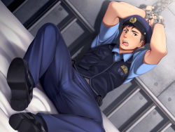 Rule 34 | 1boy, arms up, bara, bed, bed sheet, blush, brown eyes, brown hair, bulge, crotch, cuffs, handcuffs, hat, hinahara hajime, male focus, muscular, police, police uniform, policeman, restrained, undressing, uniform