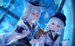 Rule 34 | 2girls, :d, arknights, black choker, black headwear, black sailor collar, blue bow, blue nails, book, bow, choker, commentary request, hair between eyes, holding, holding book, holding pen, long hair, looking at another, multiple girls, nail polish, open mouth, pen, red eyes, sailor collar, sheya, shirt, short sleeves, silver hair, skadi (arknights), smile, specter (arknights), upper body, very long hair, white shirt