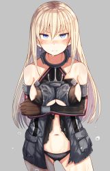 Rule 34 | 10s, 1girl, bismarck (kancolle), black panties, blue eyes, blush, breasts, brown gloves, clothing cutout, collar, collarbone, cowboy shot, detached sleeves, embarrassed, gloves, gluteal fold, grey background, hair between eyes, highres, jacket, kantai collection, large breasts, long hair, looking at viewer, navel, nose blush, open clothes, open jacket, panties, plan (planhaplalan), sideboob, simple background, solo, torn clothes, underboob cutout, underwear, upper body, wet