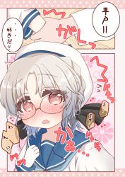 Rule 34 | 1boy, 1girl, admiral (kancolle), arm grab, beret, black ribbon, blue sailor collar, blush, braid, brown eyes, comic, commentary request, emphasis lines, floral background, flying sweatdrops, glasses, gloves, grey hair, hair ribbon, hat, heartbeat, highres, hirato (kancolle), kantai collection, long sleeves, nose blush, open mouth, parted bangs, ribbon, ridy (ri sui), sailor collar, school uniform, serafuku, shirt, translation request, wavy mouth, white gloves, white headwear, white shirt