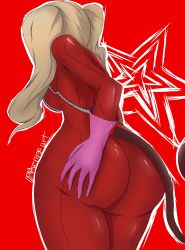 Rule 34 | 1girl, ass, blonde hair, bodysuit, breasts, from behind, gloves, hand on ass, huge ass, large breasts, long hair, naver, persona, persona 5, red bodysuit, shiny clothes, sideboob, solo, tail, takamaki anne, twintails