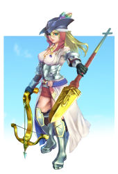 Rule 34 | 1girl, absurdres, armor, bad id, bad pixiv id, black gloves, blonde hair, blue eyes, boots, bow (weapon), breasts, cleavage, crack, crossbow, full body, gloves, greaves, hat, hat feather, highres, jewelry, large breasts, mepimepi, necklace, original, plate armor, polearm, solo, tenkuu no craft fleet, weapon
