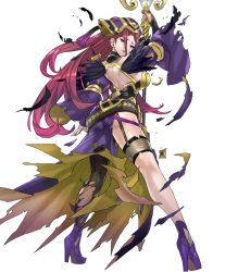 Rule 34 | 1girl, ass, back, braid, breasts, dress, female focus, fire emblem, fire emblem heroes, from behind, full body, garter straps, high heels, highres, holding, holding staff, injury, kneepits, large breasts, loki (fire emblem), long hair, maeshima shigeki, nintendo, official art, parted lips, purple footwear, purple hair, ryona, sideboob, solo, staff, standing, thigh strap, thighhighs, thighs, torn clothes, torn thighhighs, transparent background