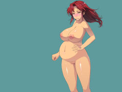 Rule 34 | 1girl, blush, breasts, cleavage, cleft of venus, copyright request, crying, crying with eyes open, floating hair, green background, groin, half-closed eyes, huge breasts, legs, long hair, looking at viewer, navel, nipples, nude, parted lips, pregnant, pussy, red hair, sad, shiny skin, simple background, solo, standing, tears, thighs, uncensored, yellow eyes, yoko juusuke