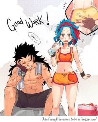 Rule 34 | 1boy, 1girl, abs, artist request, ass, black hair, blue hair, blush, bottle, bracelet, breasts, closed eyes, collarbone, couple, english text, facing viewer, fairy tail, fingerless gloves, gajeel redfox, gloves, grin, hairband, hand on ass, hand up, happy, heart, heart print, hetero, jewelry, levy mcgarden, long hair, looking ahead, looking at viewer, lowres, midriff, muscular, navel, nipples, open mouth, piercing, red hairband, short hair, short shorts, shorts, sitting, smile, spanked, speech bubble, spread legs, standing, surprised, tank top, tattoo, teeth, topless, towel, water, water bottle, wide-eyed
