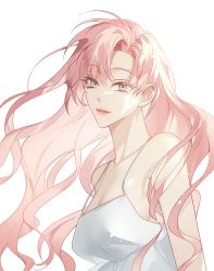 Rule 34 | 1girl, blue eyes, bosssama, breasts, dress, from side, highres, korean commentary, large breasts, long hair, looking at viewer, original, parted lips, pink hair, smile, solo, sundress, upper body, white background