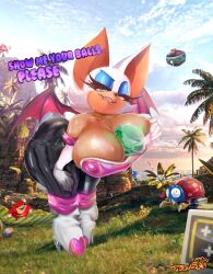 Rule 34 | 1girl, 4boys, angry, animal ears, bat ears, bat wings, between breasts, bodysuit, boots, bowing, breasts, bursting breasts, cleavage, cloud, collarbone, day, dr. eggman, elbow gloves, english text, eyelashes, eyeshadow, furry, furry female, gem, gloves, grabbing own breast, grass, green gemstone, grin, half-closed eyes, hand on thigh, highres, huge breasts, jewelry, knuckles the echidna, lip biting, lips, makeup, meme, multiple boys, naughty face, outdoors, palm tree, robot, rouge the bat, sega, sexually suggestive, shiny clothes, shiny skin, skin tight, sky, smile, sonic (series), sonic the hedgehog, sweat, teeth, thick thighs, thighs, tree, tudduls, ugandan knuckles, white gloves, wings