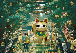 Rule 34 | 1boy, animal, animal focus, animal on lap, bell, black eyes, blue footwear, blue pants, brown hair, cat, cat on lap, commentary, day, in tree, jingle bell, maneki-neko, neck bell, on branch, on lap, original, outdoors, pants, rope, scenery, shimenawa, shirt, shoes, short hair, sitting, sitting on stairs, sneakers, stairs, t-shirt, tami yagi, tassel, too many, too many cats, torii, tree, wide shot, yellow shirt