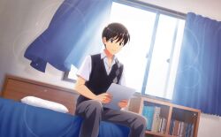 Rule 34 | 1boy, bed, black eyes, black hair, black vest, collared shirt, curtains, fingernails, fuyumi jun, highres, holding, holding paper, idolmaster, idolmaster side-m, idolmaster side-m live on stage!, indoors, male focus, nail polish, official art, open window, paper, pillow, shirt, short sleeves, sitting, vest, white shirt, window