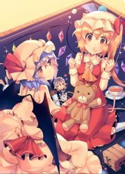 Rule 34 | 3girls, :t, apron, ascot, ass, bat wings, blonde hair, blue hair, bow, breasts, brown footwear, capelet, carpet, clenched hands, closed eyes, commentary request, crown, cup, dress, flandre scarlet, from behind, hair between eyes, hands up, hat, hat bow, hat ribbon, izayoi sakuya, jenga, juliet sleeves, kirero, long sleeves, looking at viewer, looking back, maid apron, maid headdress, mini crown, mob cap, multiple girls, neck ribbon, pink dress, pointy ears, puffy sleeves, rabbit, red bow, red eyes, red ribbon, remilia scarlet, ribbon, siblings, side ponytail, silver hair, sisters, sitting, small breasts, smile, sparkle, stuffed animal, stuffed toy, teacup, teddy bear, touhou, v-shaped eyebrows, wariza, white legwear, wings, yellow neckwear