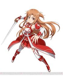Rule 34 | 10s, 1girl, asuna (sao), brown eyes, brown hair, detached sleeves, full body, holding, holding sword, holding weapon, long hair, simple background, solo, sword, sword art online, sword art online: code register, thighhighs, watermark, weapon, white background