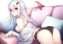 Rule 34 | 1girl, arknights, ass, bare shoulders, black panties, blouse, bra, breasts, casual, couch, hair between eyes, hair ornament, highres, large breasts, leria v, long hair, looking at viewer, lying, nail polish, off shoulder, on stomach, panties, purple nails, red eyes, shirt, silver hair, skadi (arknights), solo, stuffed animal, stuffed toy, thighs, underwear, very long hair, whale hair ornament, white shirt