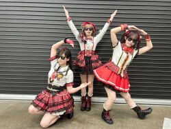 Rule 34 | 3girls, costume, cyaron (love live!), furihata ai, inami anju, indoors, looking at viewer, multiple girls, photo (medium), saito shuka, standing, sunglasses, voice actor