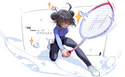 Rule 34 | 1girl, ahoge, artist name, badminton racket, black pants, blue jacket, brown hair, chinese commentary, closed mouth, commentary request, dated, double bun, closed eyes, foreshortening, hair bun, han-0v0, highres, jacket, long sleeves, mole, mole under eye, original, pants, racket, shadow, shoes, shuttlecock, simple background, sneakers, solo, sparkle, white background, white footwear