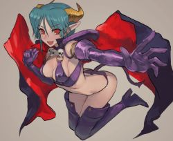 Rule 34 | 1girl, aqua hair, armlet, boots, breasts, cape, carrera, cleavage, crop top, demon horns, demon tail, elbow gloves, foreshortening, fushoku, gloves, grey background, high heel boots, high heels, horns, looking at viewer, medium breasts, necklace, open mouth, panties, pointy ears, purple footwear, purple gloves, purple panties, purple thighhighs, red eyes, short hair, sideboob, sidelocks, skull necklace, smile, solo, tail, thigh boots, thighhighs, underwear, viper gts