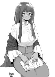 Rule 34 | 1girl, artist name, blunt bangs, book, breasts, collared shirt, commission, dark-skinned female, dark skin, dress shirt, facing viewer, feet out of frame, glasses, greyscale, highres, long hair, long skirt, medium breasts, monochrome, norman maggot, original, shawl, shirt, sidelocks, simple background, sitting, skirt, smile, solo, very long hair, white background, wide sleeves, wing collar