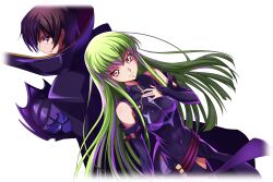 Rule 34 | 1boy, 1girl, arm at side, artist request, back-to-back, bare shoulders, belt, black cape, black dress, black hair, black sleeves, breasts, c.c., cape, closed mouth, code geass, code geass: lost stories, covered navel, cowboy shot, cropped legs, detached sleeves, dress, dutch angle, game cg, green hair, half-closed eyes, hand on own chest, hand up, happy, helmet, high collar, highres, holding, holding helmet, lelouch vi britannia, long hair, looking at viewer, looking back, medium breasts, multiple belts, non-web source, official art, purple eyes, short hair, short shorts, shorts, shorts under dress, sidelocks, sideways mouth, simple background, sleeveless, sleeveless dress, smile, split mouth, standing, transparent background, underlighting, unworn headwear, unworn helmet, very long hair, white shorts, yellow eyes