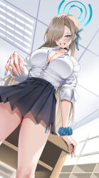 Rule 34 | 1girl, arm support, asuna (blue archive), black choker, black skirt, blue archive, blush, breasts, choker, cleavage, collarbone, fingernails, from below, grin, hair over one eye, halo, head tilt, highres, indoors, large breasts, light brown hair, long hair, looking at viewer, matrix16, miniskirt, nail polish, one eye covered, open collar, partially unbuttoned, pleated skirt, school uniform, scrunchie, shirt, shirt tucked in, side-tie peek, skirt, skirt rolled up, sleeves rolled up, smile, solo, very long hair, white shirt, wrist scrunchie