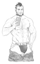 Rule 34 | 1boy, abs, arm hair, bandaid, bandaid on cheek, bandaid on face, bara, beard, bulge, call of duty, call of duty: modern warfare 2, camouflage, camouflage pants, chest hair, clothes pull, clothes writing, cropped legs, dilfborne (ventiskull), facial hair, greyscale, hairy, hand on own hip, highres, jockstrap, large pectorals, long sideburns, looking at viewer, male focus, male underwear, mature male, military, military uniform, mohawk, monochrome, muscular, muscular male, mustache, navel hair, nipples, pants, pants pull, pectorals, selfie, short hair, sideburns, smile, soap (modern warfare 2), solo, stubble, textless version, thick eyebrows, thick thighs, thighs, topless male, undercut, underwear, uniform