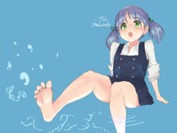 Rule 34 | 1girl, artist logo, barefoot, black dress, blue background, blue hair, commentary request, dress, dress shirt, feet out of frame, foreshortening, green eyes, highres, kantai collection, long hair, mmk, ooshio (kancolle), open mouth, pinafore dress, shirt, sitting, sleeveless dress, sleeves rolled up, solo, twintails, white shirt