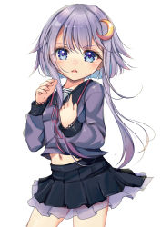 Rule 34 | 1girl, absurdres, black sailor collar, black skirt, blue eyes, blue shirt, contrapposto, cowboy shot, crescent, crescent hair ornament, frilled skirt, frills, hair ornament, highres, kantai collection, purple hair, sailor collar, shirt, short hair, short hair with long locks, simple background, skirt, solo, standing, white background, yashin (yasinz), yayoi (kancolle)