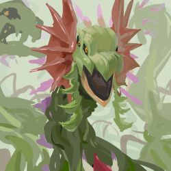 Rule 34 | digimon, dragon, highres, hydramon, multiple heads, open mouth, plant, solo, yellow eyes