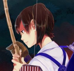 Rule 34 | 10s, 1girl, archery, back, blush, bow (weapon), brown eyes, brown hair, ecriture, flight deck, gloves, japanese clothes, kaga (kancolle), kantai collection, kyuudou, lips, partially fingerless gloves, partly fingerless gloves, personification, quiver, short hair, side ponytail, single glove, solo, weapon, yugake
