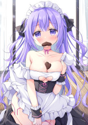 Rule 34 | 1girl, alternate costume, apron, azur lane, backlighting, black ribbon, black skirt, blush, breasts, candy, chocolate, chocolate heart, cleavage, cleavage cutout, closed mouth, clothes pull, clothing cutout, commentary request, curtains, enmaided, food, food between breasts, food in mouth, frilled apron, frills, hair ribbon, hand up, heart, heart cutout, highres, indoors, long hair, looking at viewer, maid, maid headdress, medium breasts, mouth hold, on floor, panties, panty pull, pink panties, pink ribbon, pleated skirt, purple eyes, purple hair, ribbon, satsuki yukimi, shirt, side-tie panties, skirt, skirt pull, solo, two side up, underwear, unicorn (azur lane), untied panties, very long hair, waist apron, white apron, white shirt, window, wooden floor, wrist cuffs