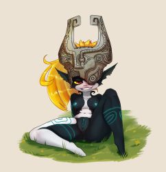 Rule 34 | 1girl, black skin, blush, breasts, collarbone, colored sclera, colored skin, full body, grey skin, helmet, highres, krimble, medium breasts, midna, multicolored skin, navel, nintendo, nipples, one eye covered, open mouth, orange hair, pointy ears, pussy, red eyes, short hair, simple background, solo, the legend of zelda, the legend of zelda: twilight princess, third-party edit, two-tone skin, uncensored, yellow sclera