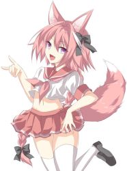 Rule 34 | 1boy, animal ears, astolfo (fate), astolfo (sailor paladin) (fate), black bow, black ribbon, blush, bow, braid, fang, fate/apocrypha, fate/grand order, fate (series), fox ears, fox tail, hair between eyes, hair intakes, hair ribbon, long braid, long hair, looking at viewer, male focus, midriff, multicolored hair, navel, neckerchief, nu (ukskuj), official alternate costume, open mouth, pink hair, pink skirt, pleated skirt, purple eyes, ribbon, sailor collar, school uniform, serafuku, shirt, short sleeves, simple background, single braid, skin fang, skirt, smile, solo, streaked hair, tail, thighhighs, thighs, trap, white background, white shirt, white thighhighs