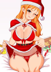 Rule 34 | 1girl, ;q, absurdres, bikini, bikini under clothes, blush, breasts, brown eyes, capelet, christmas, christmas present, cleavage, clothes lift, elpipe 3000, fur-trimmed headwear, fur-trimmed skirt, fur trim, gift, hat, highres, large breasts, lifting own clothes, long hair, looking at viewer, merry christmas, nami (one piece), one eye closed, one piece, orange hair, red bikini, red capelet, red hat, red skirt, santa bikini, santa hat, sitting, skirt, skirt lift, solo, swimsuit, thong, thong bikini, tongue, tongue out, typo, wide hips