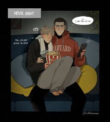 Rule 34 | 2boys, adam parrish, bishounen, black hair, blonde hair, blue eyes, buzz cut, catbishonen, controller, couch, couple, drooling, english text, feet out of frame, food, freckles, full body, highres, holding, holding remote control, hood, hoodie, indoors, male focus, multiple boys, on couch, popcorn, red hoodie, remote control, ronan lynch, short hair, sitting, sitting on lap, sitting on person, sleeping, sleeping on person, tearing up, the raven cycle, thought bubble, towel, towel around neck, very short hair, yaoi